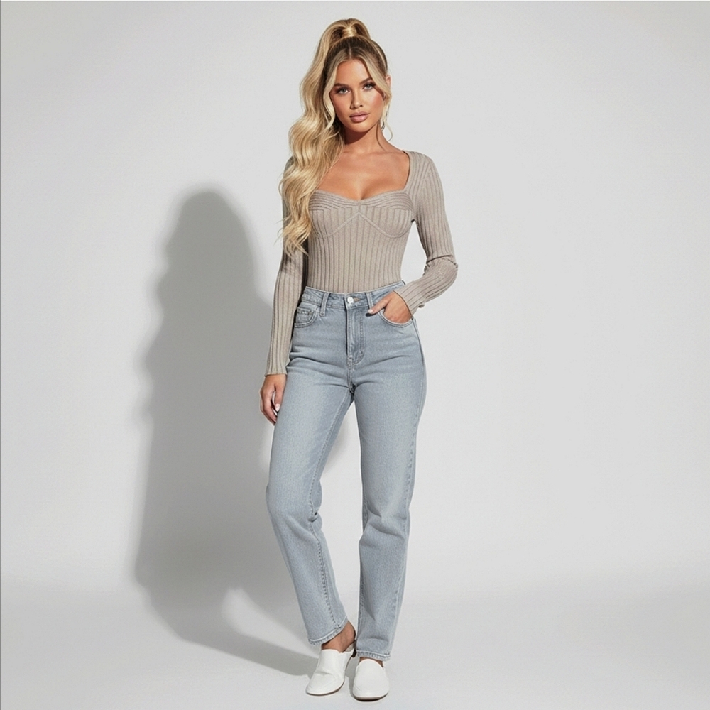 New Light Taupe Grey Knit Sweetheart Ribbed Top